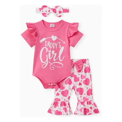 3pcs Baby Girl Sweet Cotton Letter Romper and Heart Print Pants Set