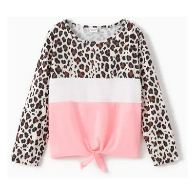 Kid Girl Leopard Print Colorblock Tie Knot Long-sleeve Tee