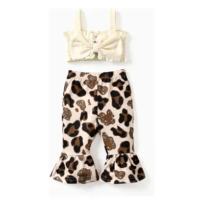 2pcs Baby Girl Sweet Animal Pattern Cami Crop Top and Flare Pants Set