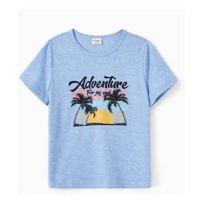 Family Matching Sets Coconut Tree and Sun Pattern Adventure Print Graphic Tee or Twist Knot Side