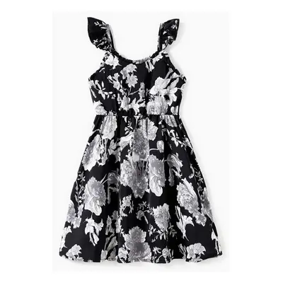 Mommy and Me Black Floral Tie Neck Ruched Bust Sateen Slip Dress