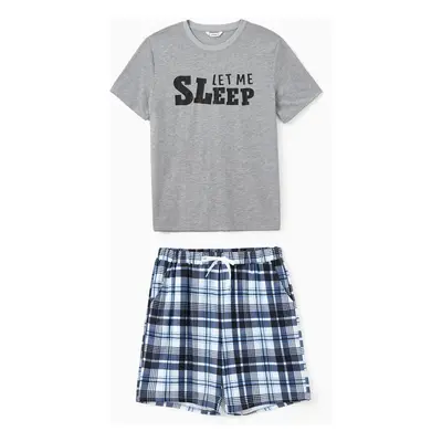 Family Matching Pajamas Sets Let Me Sleep Slogan Print Top Blue Plaid Drawstring Shorts