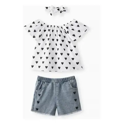 3pcs Toddler Girl Heart Print Short-sleeve Blouse and Denim Shorts & Headband Set