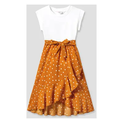 Family Matching Stripe T-shirt and White Top with Orange Polka Dot Wrap Bottom Ruffled Hem Skirt