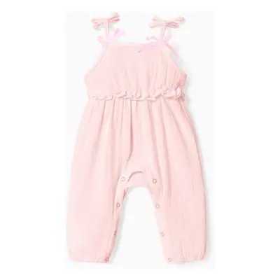 Baby Girl 100% Cotton Crepe Bow Decor Solid Cami Jumpsuit