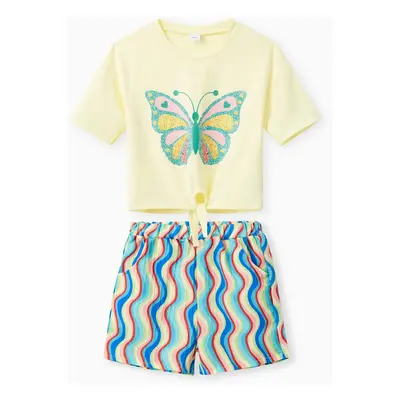 Sweet Butterfly Bandage 2PCS Short Sleeve Shorts Set for Girls in Polyester/Cotton