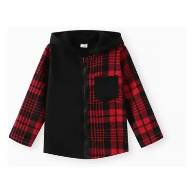 Kid Boy Plaid Colorblock Zipper Hooded Jacket