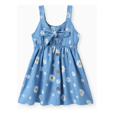 Toddler Girl Floral Print Bowknot Design Hollow out Denim Strap Dress