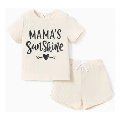 2pcs Toddler Girl Letter Print Ribbed Short-sleeve Tee and Bowknot Design Elasticized Shorts Set