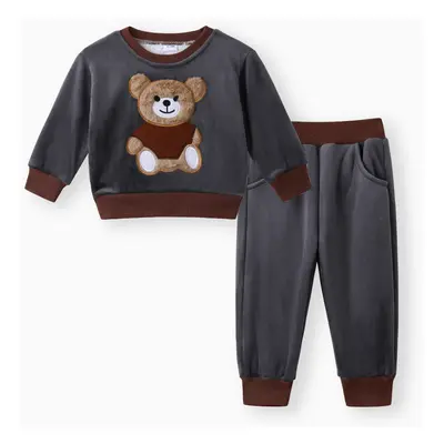 2pcs Baby Boy 95% Cotton Long-sleeve Cartoon Bear Pattern Thickened Fleece Lined Pullover and Tr