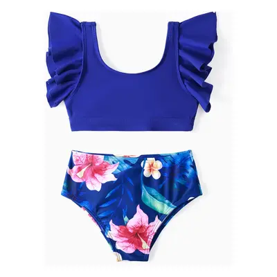 Family Matching Blue Floral Drawstring Swim Trunk or Ruffle Sleeves Bikini