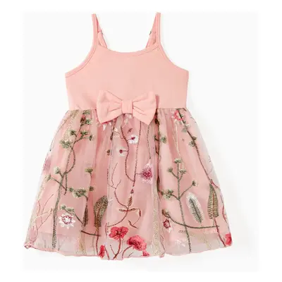 Family Matching Solid Color/ Raglan Sleeves Tee and Pink Cami Embroidered Tulle Strap Dress Sets