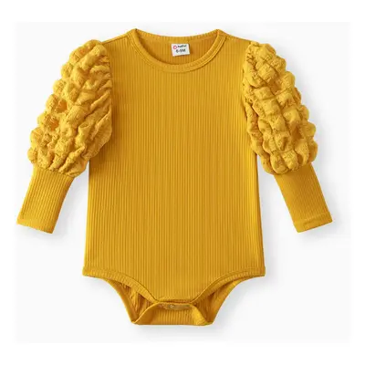 Baby Girl Solid Ribbed Spliced Gigot Sleeve Romper