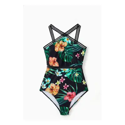 Family Matching Allover Tropical Plant Print One-piece Swimsuit and Swim Trunks