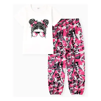 2pcs Kid Girl Figure Print Short-sleeve Tee and Camouflage Pants Set