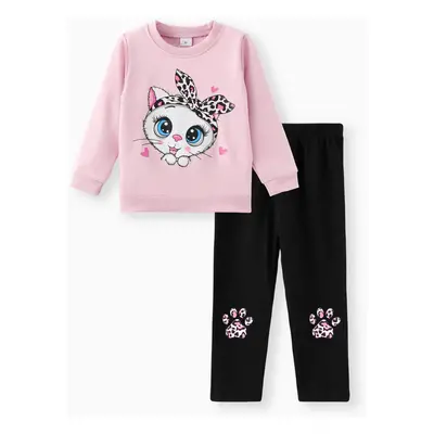 2-piece Toddler Girl Cat Print Pullover Sweatshirt and Leopard Print Pants Set