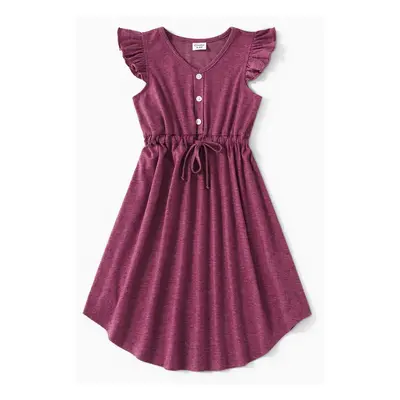 Family Matching Solid V Neck Sleeveless Button Up Drawstring Dresses and Striped Colorblock Shor