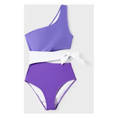 Family Matching Color-block Swim Trunks or One-shoulder Side Knot One-Piece Swimsuit (Quick-Dry)