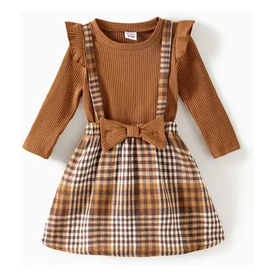 Family Matching Coffee Ribbed Spliced Plaid Belted Dresses and Long-sleeve Colorblock Tops Set