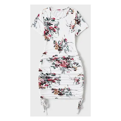 Family Matching All Over Floral Print Short-sleeve Drawstring Ruched Bodycon Dresses and Colorbl