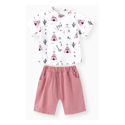 2pcs Baby Boy 95% Cotton Short-sleeve All Over Cactus Print Button Up Shirt and Solid Shorts Set