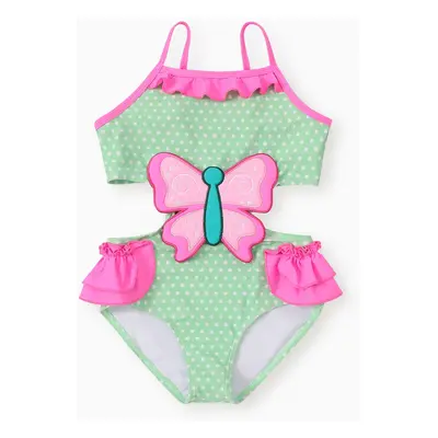 Kid Girl Polka Dots Butterfly Embroidery Ruffled Swimsuit