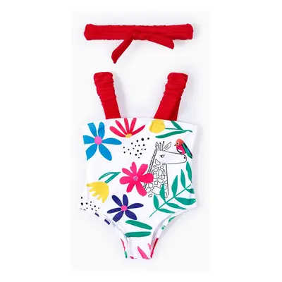 Baby Girl 2pcs Floral Print Swimsuit with Headband