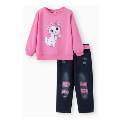 3PCS Toddler Girl Childlike Cat Pattern Distressed Patchwork Denim Jean set