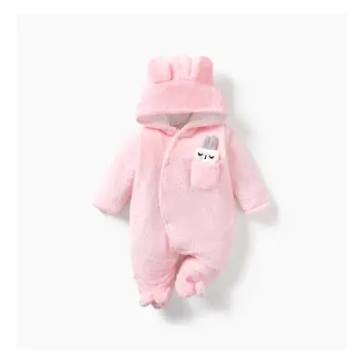 Solid Rabbit Decor Fleece Hooded Footed/footie Long-sleeve Baby Jumpsuit