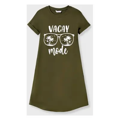 Family Matching Sets Allover Printed T-Shirt and Army Green Glasses Pattern T-Shirt Dress with P