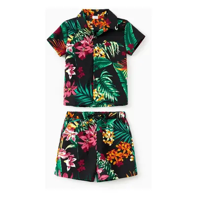 Family Matching Co-ord Sets Tropical Plant Floral Shirt and Drawstring Shorts with Pockets