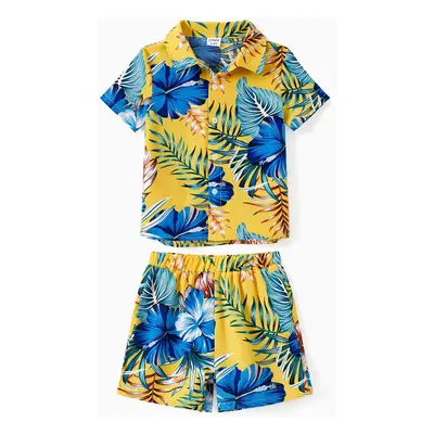 Family Matching Beach Shirt or Yellow Floral Lace Waist Shirred Back Strap Dress Sets