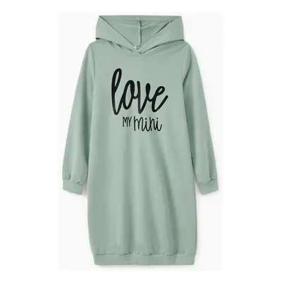 Mommy and Me Letter Print Green Long-sleeve Hoodie Dresses