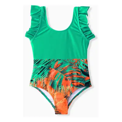 Family Matching Tropical Leaf Printed One-Piece Swimwear or Drawstring Swim Trunks