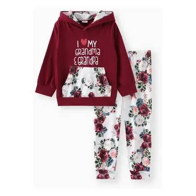 2-piece Toddler Girl Letter Floral Print Hoodie and Pants Set