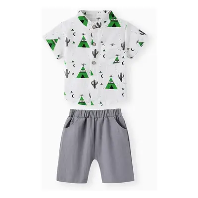 2pcs Baby Boy 95% Cotton Short-sleeve All Over Cactus Print Button Up Shirt and Solid Shorts Set