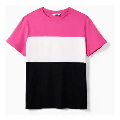 Family Matching Colorblock T-shirt and Hot Pink Button Neck-Tie Strap Dress Sets