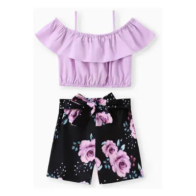 2pcs Kid Girl Flounce Camisole and Floral Print Belted Shorts Set