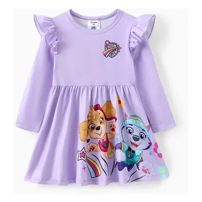 Paw Patrol Toddler Girls Character Rainbow Striped Print Ruffle Long Sleeve Dress