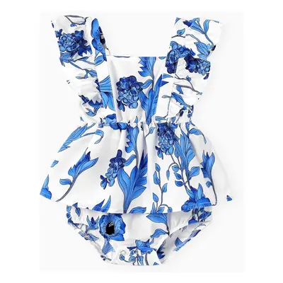 Mommy and Me Blue Floral Shirred Top Ruffle Hem Strap Dress