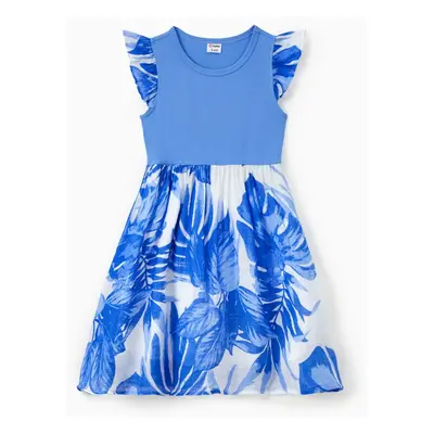 Family Matching Sets Blue Tropical Floral Panel Tee or Ruffle Neck Cross Back High-Low Strap Dre