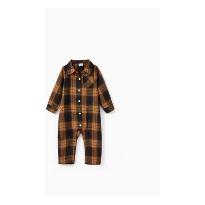 Christmas Family Matching Sets Brown&Black Check Plaid Long-sleeve Botton Dwon Top/Dress/Romper