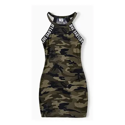 Family Matching Letter Design Camouflage Halter Neck Sleeveless Bodycon Dresses and Cotton Short