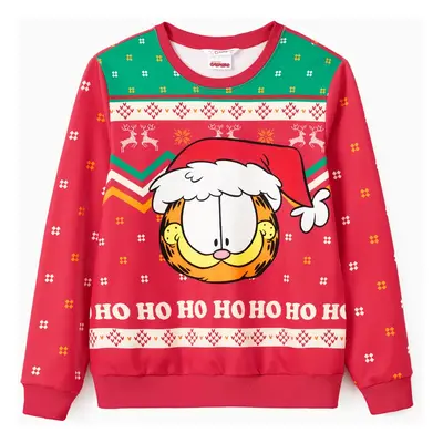 Garfield Family matching Christmas Character With Santa Hat Print Long-sleeve Sweatshirt