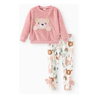 Toddler Girl 2pcs Bear Style Embroidered Fleece Sweatshirt and Bow Design Leggings Set