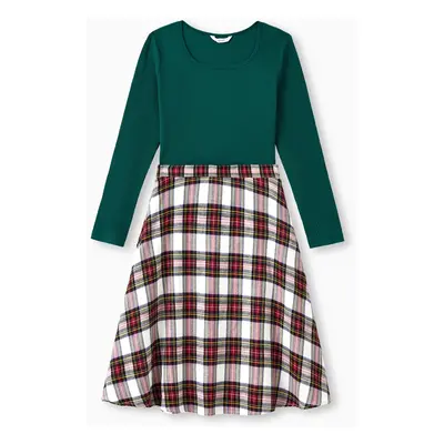 Family Matching Green Long Sleeves Ribbed Top Red Plaid Skirt Co-ord Set