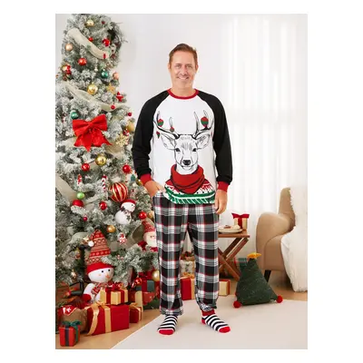 Christmas Family Matching Black Raglan Sleeves Red Cuffs Reindeer Graphic Plaid Pants Pajamas Se