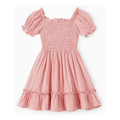 Family Matching Color Block Polo Shirt and Pink Shirred Top Bubble Sleeves Dress Sets