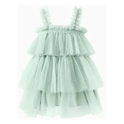 Mommy and Me Green Ruched Smocked Back Tiered Tulle Strap Dress