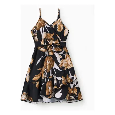 Family Matching Sets Black Floral Shirt or V Neck Irregular Hem Ruffle Trim Strap Dress with Hid